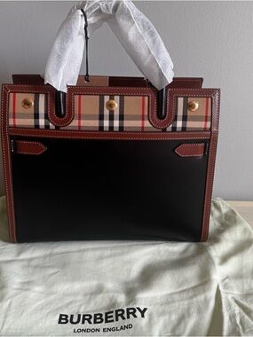 Burberry Black Leather Briefcase with Classic Check & Brown Trim
